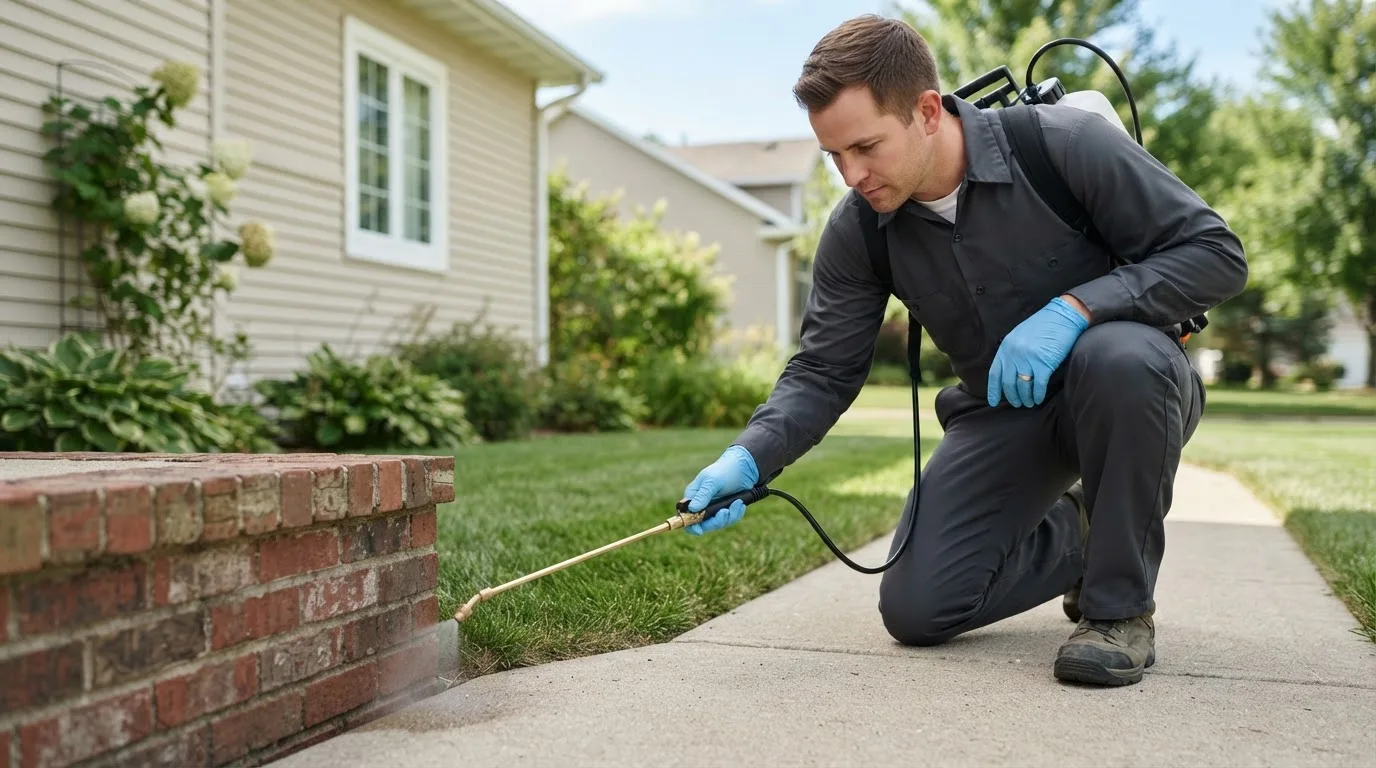 Pest control technician treating a home near Edinburg, VA